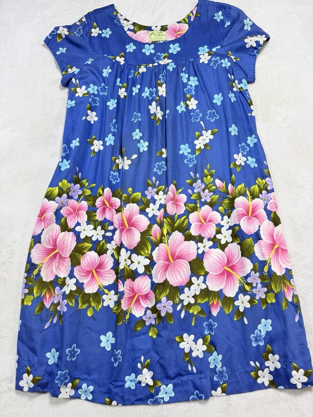 Vintage Ui-Maikai Hawaiian Made Muumuu Tropical Dress Blue Pink Hibiscus Cotton